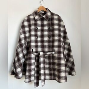 Jockey Chestnut and Ivory Wool Blend Plaid Cape Coat
